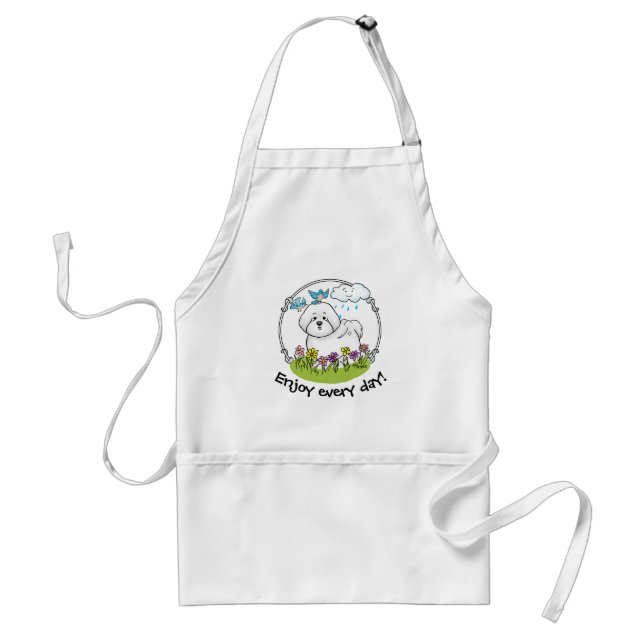 Spring Bichon Frise Dog with Flowers - Cute Adult Apron (Front)