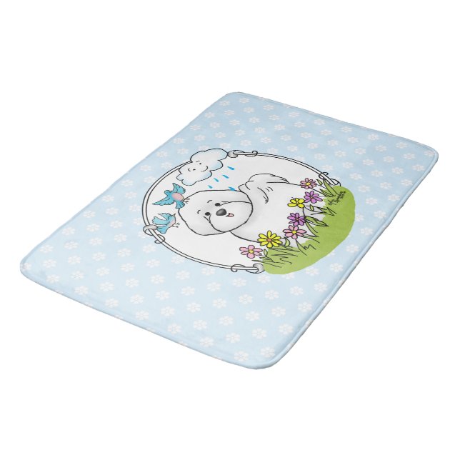Spring Bichon Frise Dog with Flowers - Cute Bath Mat (Angled)