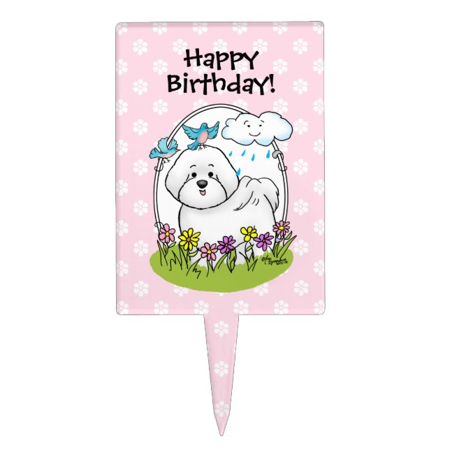 Spring Bichon Frise Dog with Flowers - Cute Cake Topper (Front)