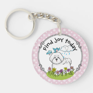 Spring Bichon Frise Dog with Flowers - Cute Keychain