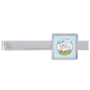 Spring Bichon Frise Dog with Flowers - Fun Silver Finish Tie Bar
