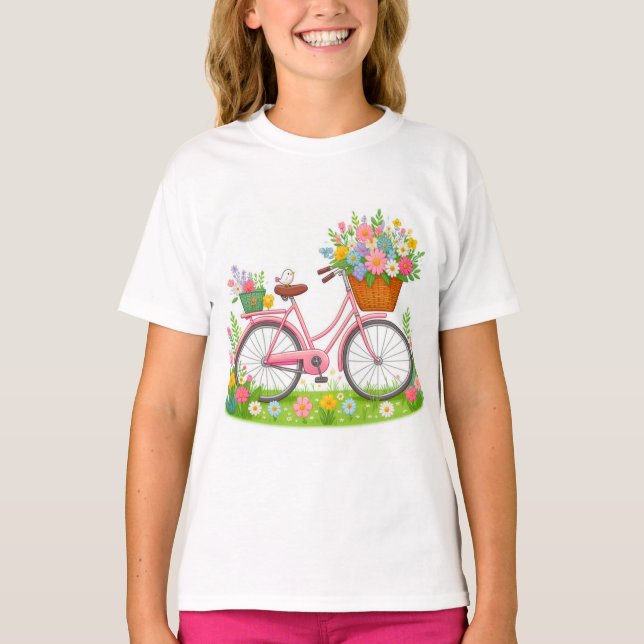 Spring Bicycle with Flowers and Bird T-Shirt (Front)