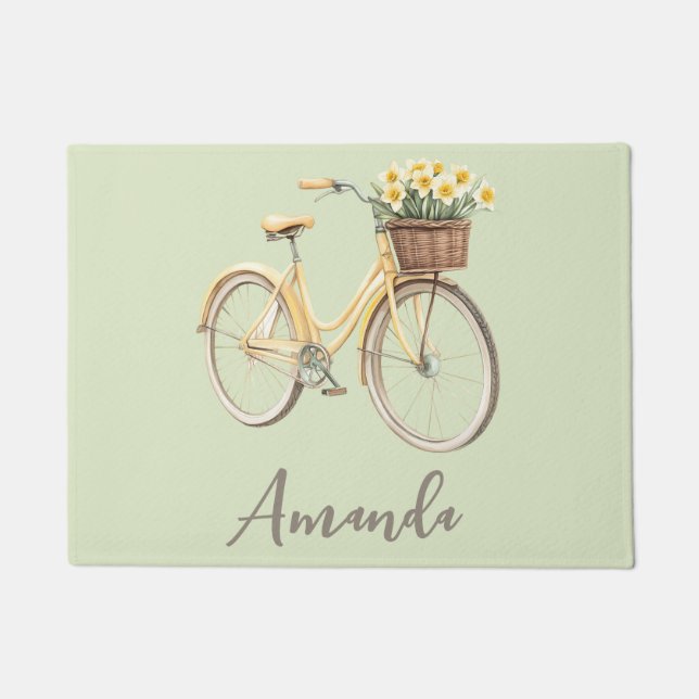 Spring Bicycle Yellow Daffodils on Green Doormat (Front)