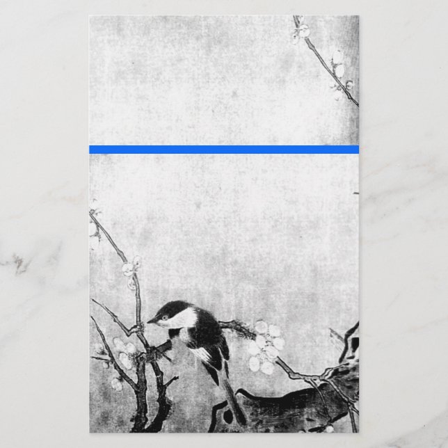 SPRING BIRD AND FLOWER TREE Black White Blue Stationery (Front)