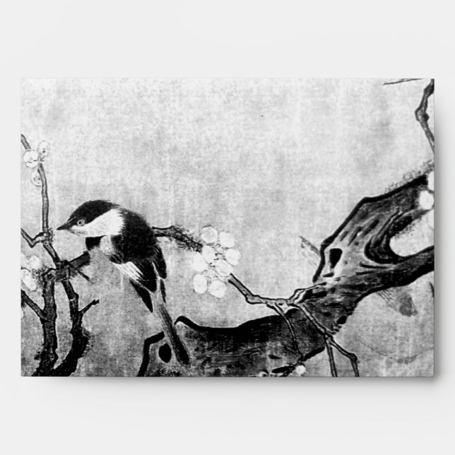 SPRING BIRD AND FLOWER TREE Black White Envelope (Front)