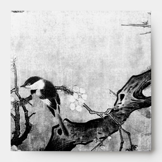 SPRING BIRD AND FLOWER TREE Black White Envelope (Front)