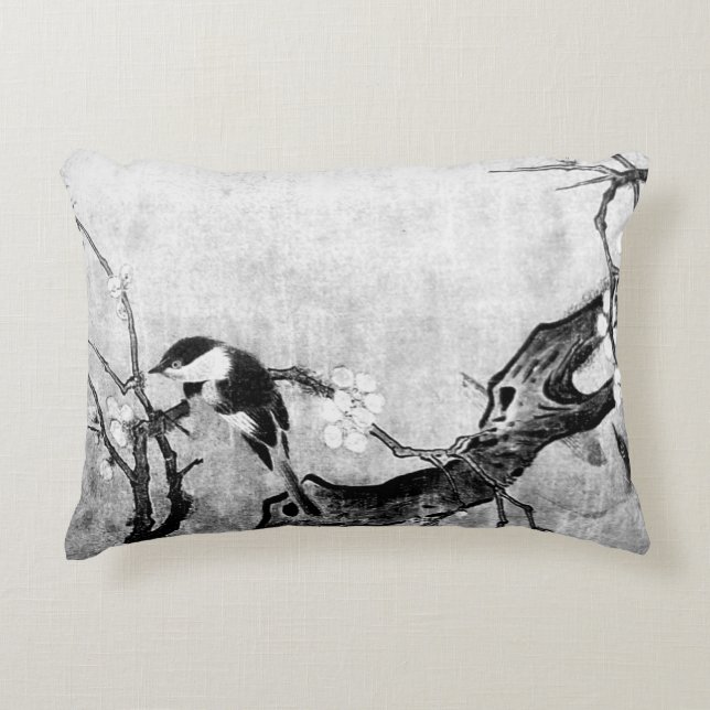 SPRING BIRD AND FLOWER TREE Black White Grey Accent Pillow (Front)