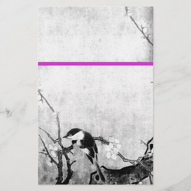 SPRING BIRD AND FLOWER TREE Black White Purple Stationery (Front)