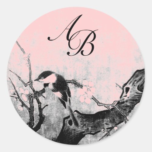 SPRING BIRD AND FLOWER TREE MONOGRAM Pink Fuchsia Classic Round Sticker