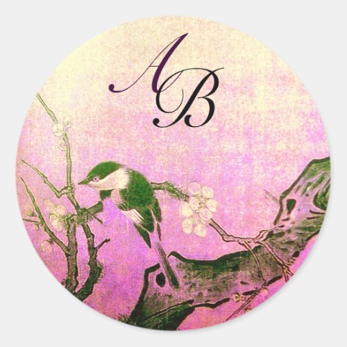 SPRING BIRD AND FLOWER TREE MONOGRAM Pink Fuchsia Classic Round Sticker