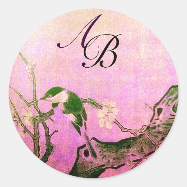 SPRING BIRD AND FLOWER TREE MONOGRAM Pink Fuchsia Classic Round Sticker (Front)
