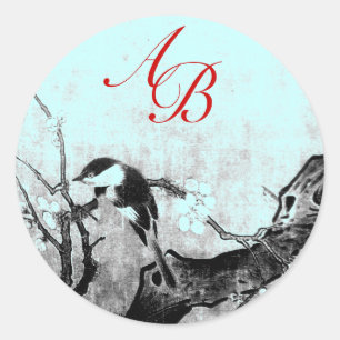SPRING BIRD AND FLOWER TREE MONOGRAM Teal Blue Classic Round Sticker