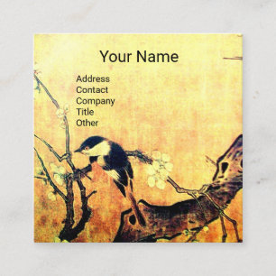 SPRING BIRD AND FLOWER TREE MONOGRAM Yellow Brown Square Business Card