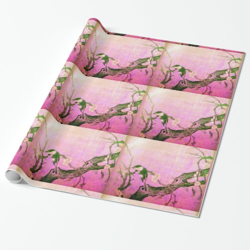 SPRING BIRD AND FLOWER TREE Pink Brown Wrapping Paper