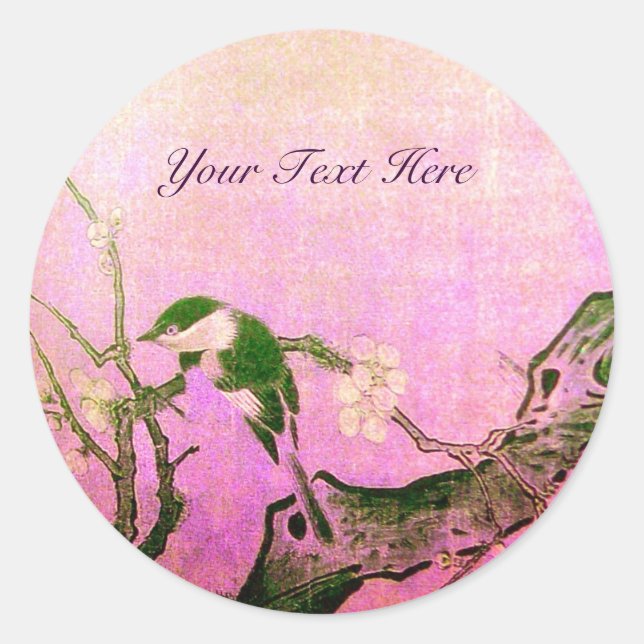 SPRING BIRD AND FLOWER TREE Pink Fuchsia Classic Round Sticker (Front)
