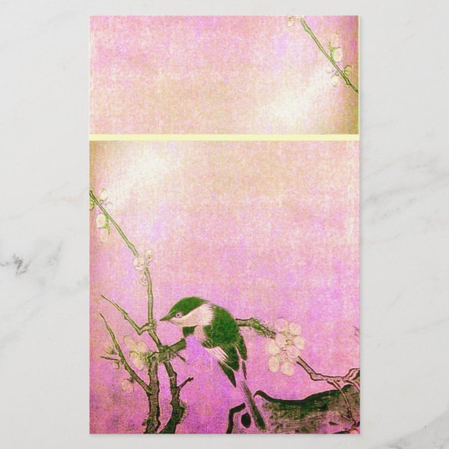 SPRING BIRD AND FLOWER TREE Pink Fuchsia Stationery (Front)