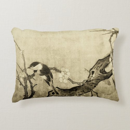 SPRING BIRD AND FLOWER TREE Sepia Brown Floral Accent Pillow