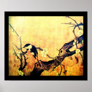 SPRING BIRD AND FLOWER TREE Yellow Brown Black Poster