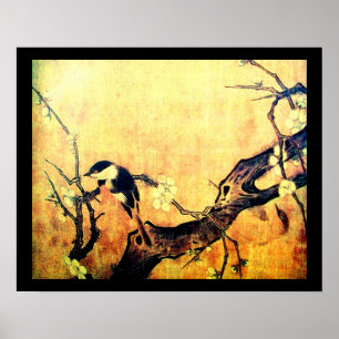 SPRING BIRD AND FLOWER TREE Yellow Brown Black Poster