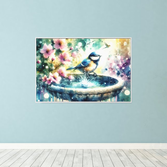 Spring Bird Bath Watercolor  Canvas Print (Insitu(Wood Floor))