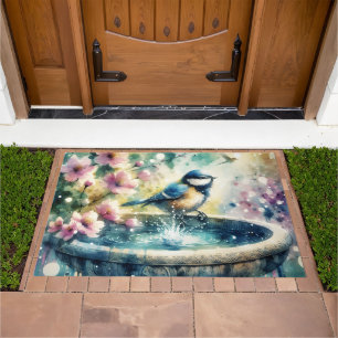 Spring Bird Bath Watercolor Doormat