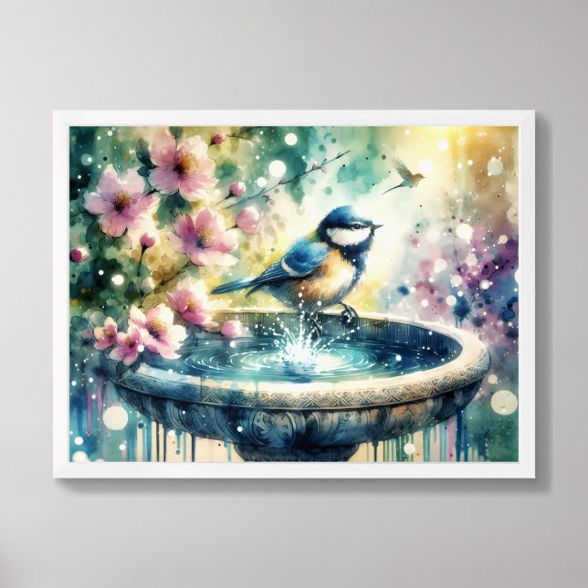 Spring Bird Bath Watercolor Framed Art (Framed Front)