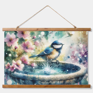 Spring Bird Bath Watercolor  Hanging Tapestry