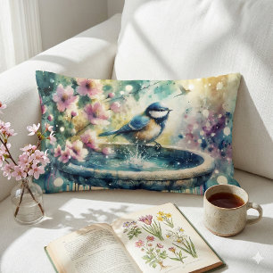 Spring Bird Bath Watercolor Lumbar Pillow