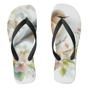 Spring Bird Cherry Blossom Floral Watercolor Flip Flops