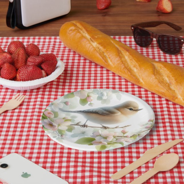 Spring Bird Cherry Blossom Floral Watercolor Paper Plates (Picnic)