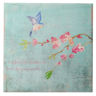 Spring Bird Floral Cherryblossom Weather Blue Ceramic Tile