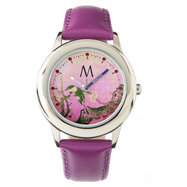 SPRING BIRD,FLOWER TREE Black Pink Monogram Watch (Front)