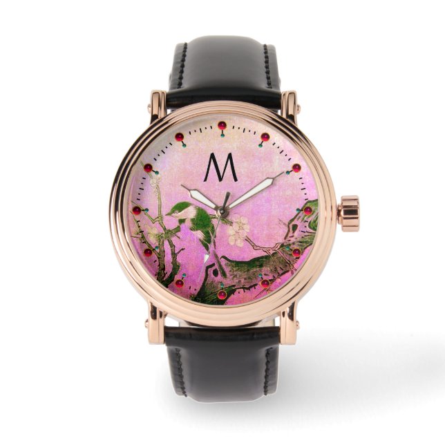 SPRING BIRD,FLOWER TREE Black Pink Monogram Watch (Front)