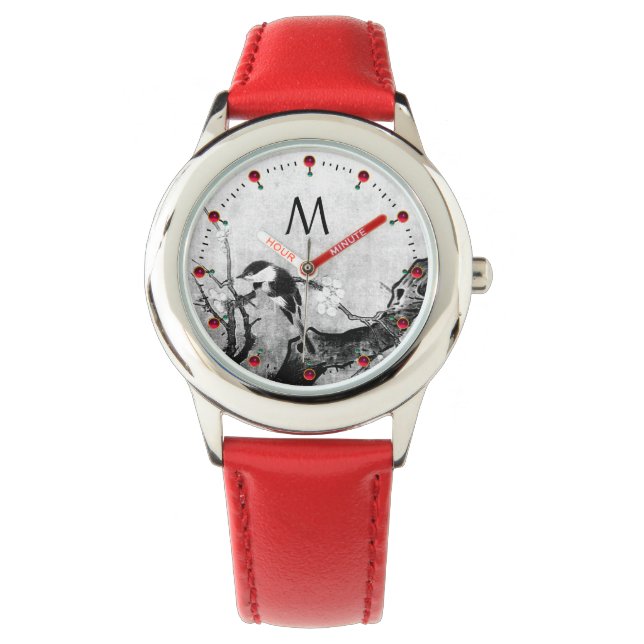 SPRING BIRD,FLOWER TREE Black White Monogram Watch (Front)