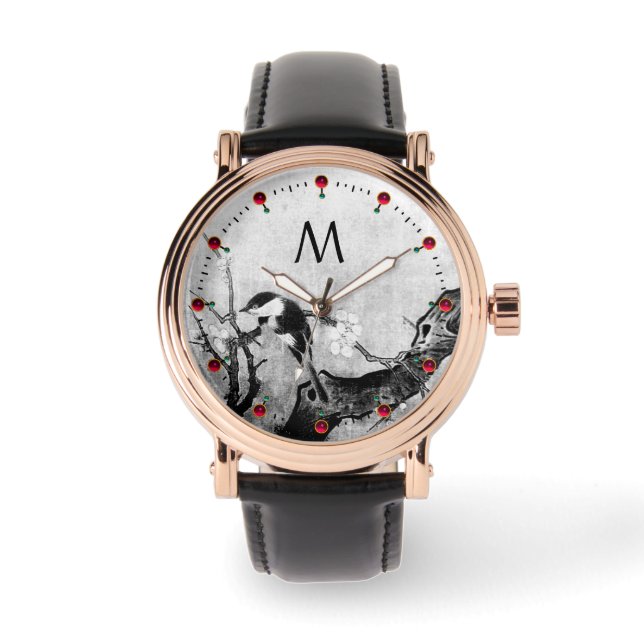SPRING BIRD,FLOWER TREE Black White Monogram Watch (Front)