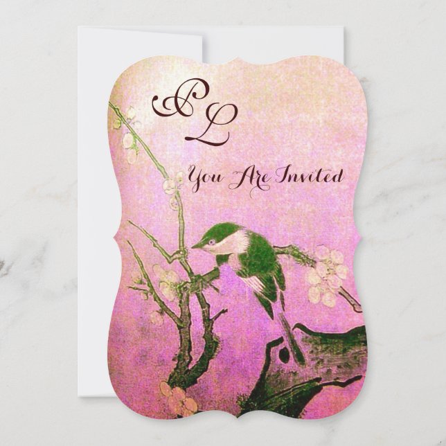 SPRING BIRD MONOGRAM Pink Fuchsia White Brown Invitation (Back)