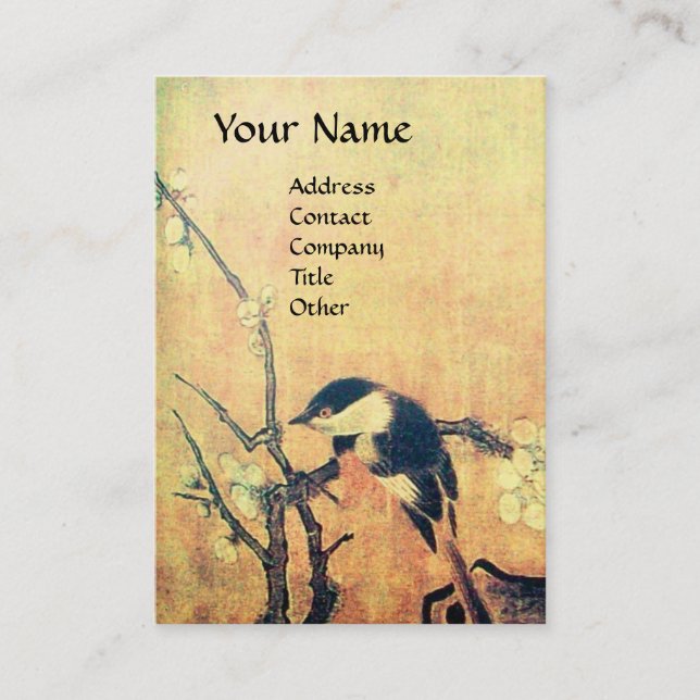 SPRING BIRD ON A FLOWER TREE brown yellow Business Card (Front)