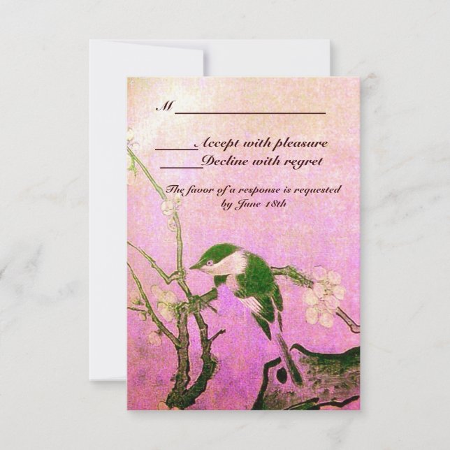 SPRING BIRD ON FLOWER TREE MONOGRAM PINK RSVP CARD (Front)