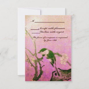 SPRING BIRD ON FLOWER TREE MONOGRAM PINK RSVP CARD