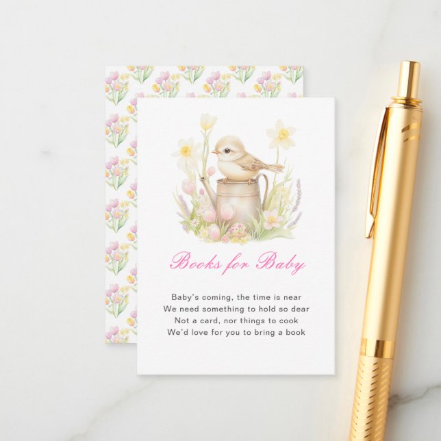 Spring Bird Watering Can Baby Shower Enclosure Card (Front/Back In Situ)