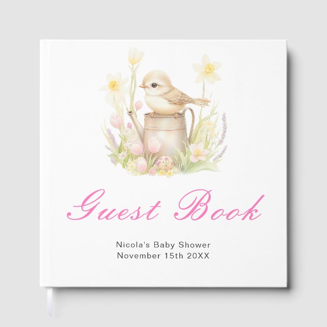 Spring Bird Watering Can Baby Shower Guest Book (Front)