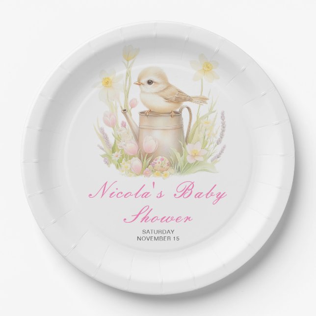 Spring Bird Watering Can Baby Shower Paper Plates (Front)