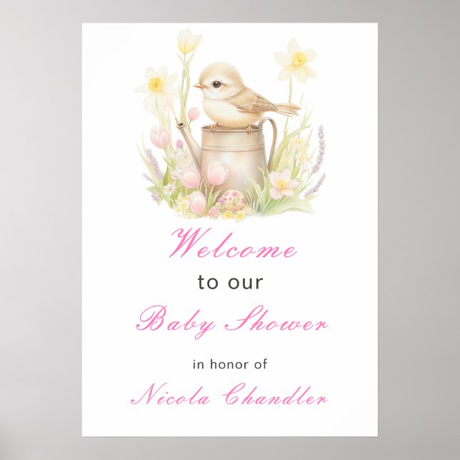 Spring Bird Watering Can Baby Shower Poster (Front)