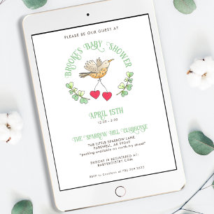 Spring Bird with Hearts Cute Baby Shower Invitation