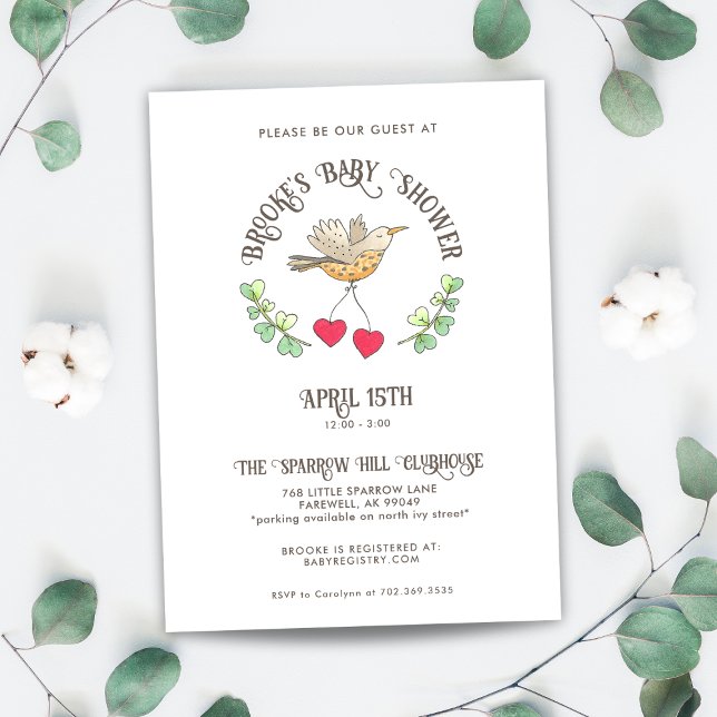 Spring Bird with Hearts Cute Baby Shower Invitation (Creator Uploaded)
