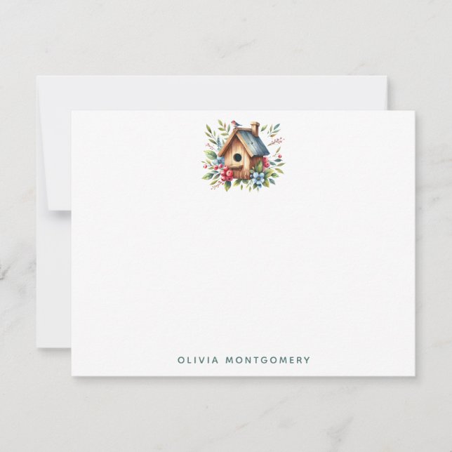 Spring Birdhouse and Wildflowers Custom Name Note Card (Front)
