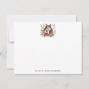 Spring Birdhouse and Wildflowers Custom Name Note Card