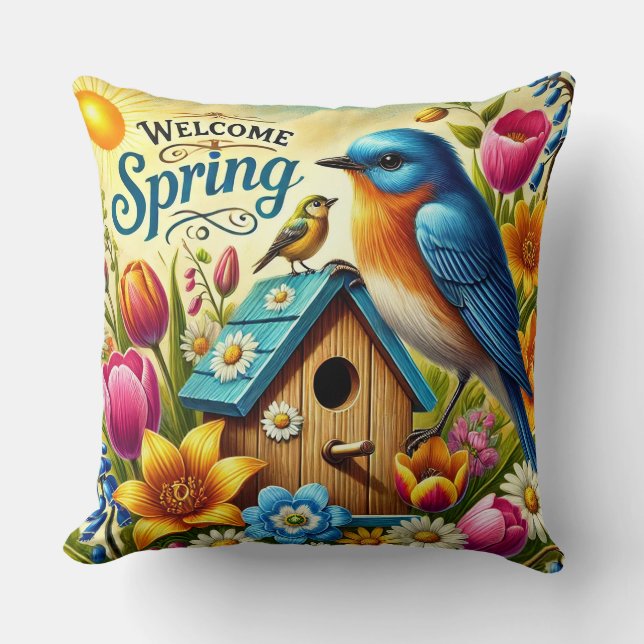 🌸 Spring Birdhouse Garden Scene Gift  Throw Pillow (Front)