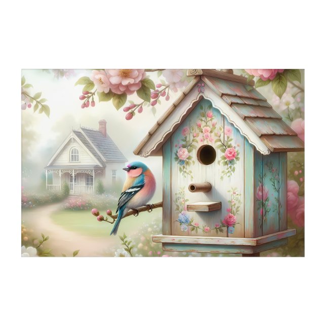 Spring Birdhouse With Pastel Flowers And Bird Acrylic Print (Front)