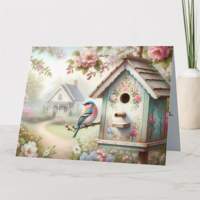 Spring Birdhouse With Pastel Flowers And Bird Card (Front)